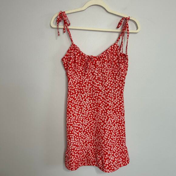 SHEIN Red Floral Sleeve Tie Mini Sun Slip Zip Up  Dress Women’s Size Small - Picture 3 of 7